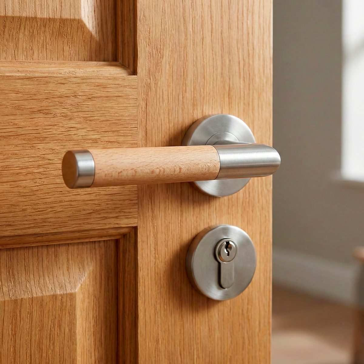 Maniglia modello '1003' con rosetta tonda in acciaio inox e impugnatura rivestita in legno per porte