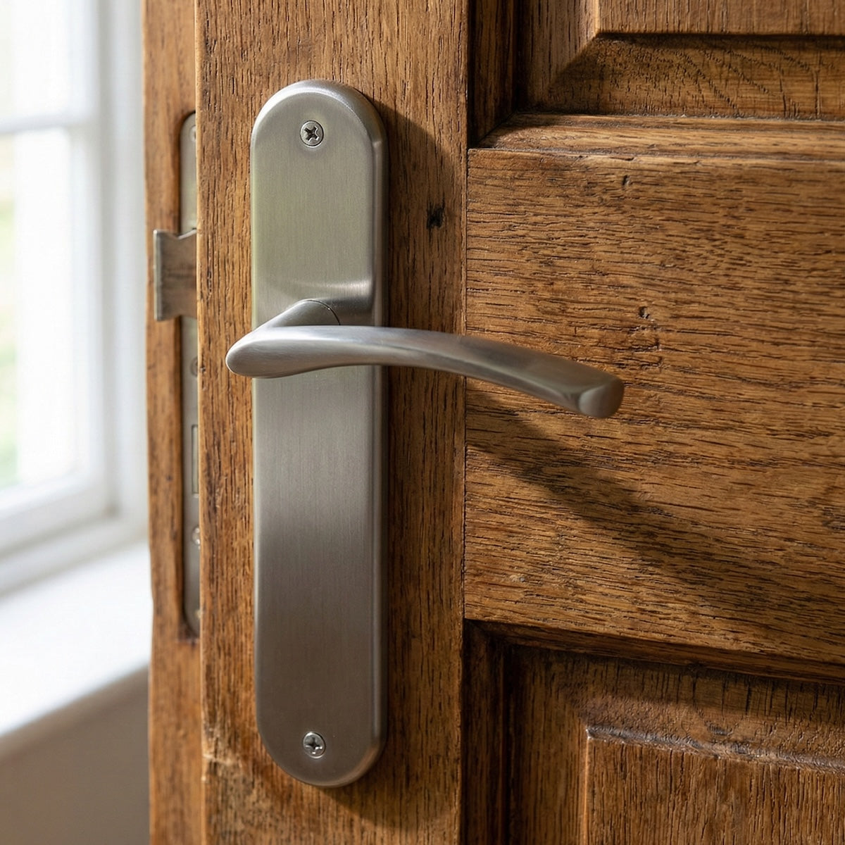 Maniglia modello '553' in zama con placca ovale in finitura nichel satinato per porte