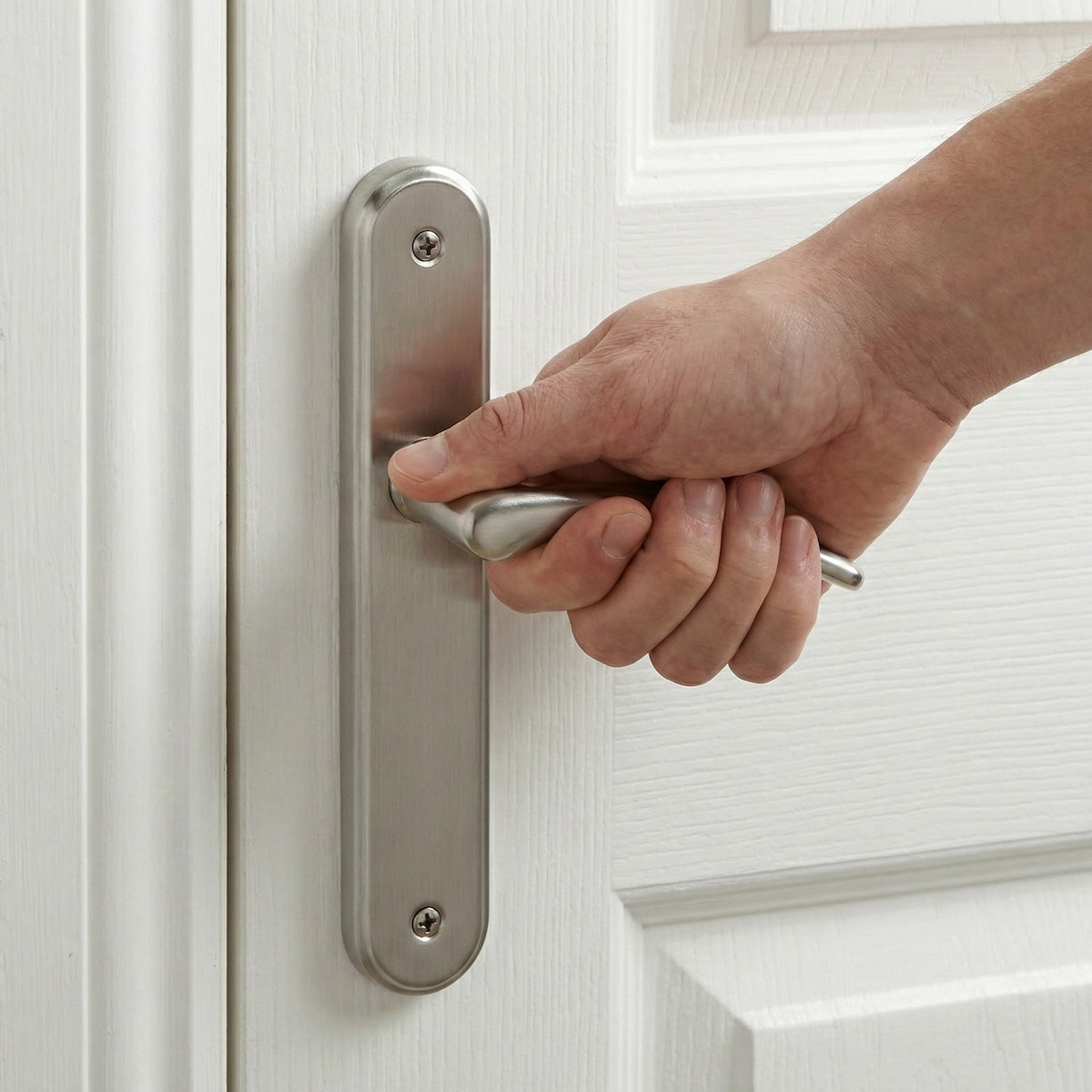 Maniglia modello '6331' in zama con placca ovale in finitura nichel satinato per porte