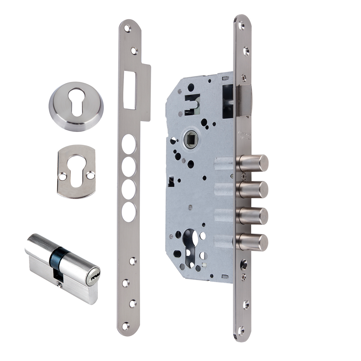Serratura di sicurezza da 60 mm con bordo tondo, 4 catenacci in acciaio, finitura nichel satinato