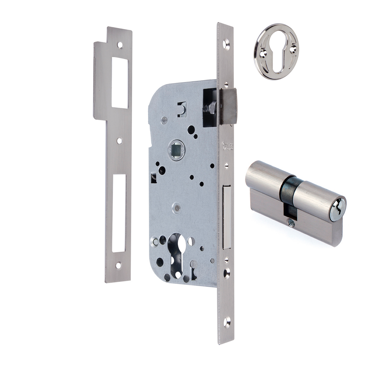 Serratura da incasso da 60mm per cilindro europeo, frontale a bordo dritto, interasse 85mm, finitura nichel satinato
