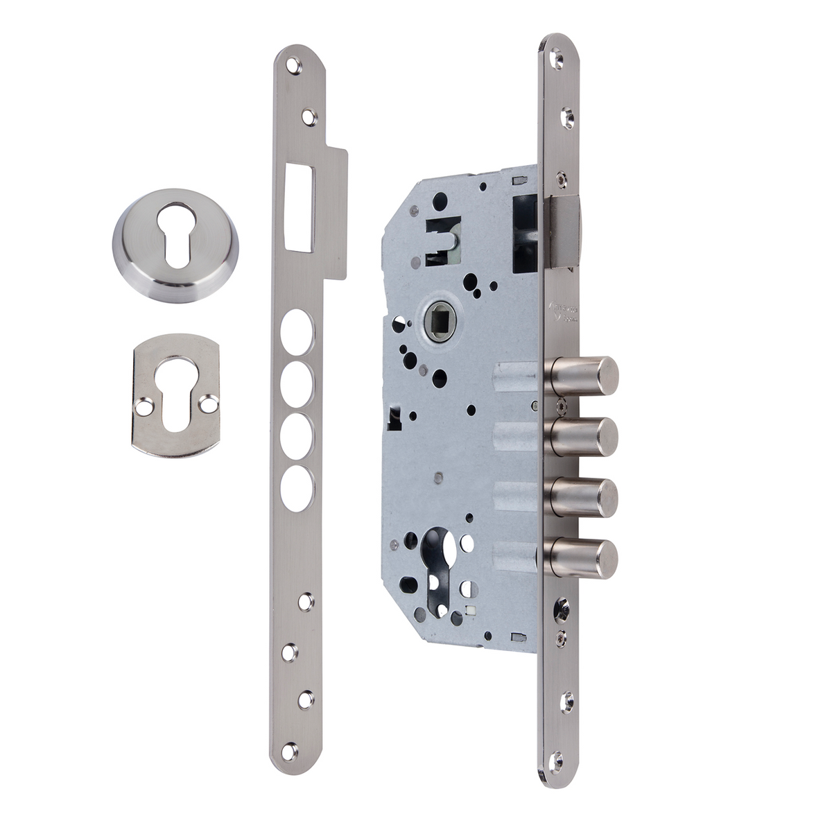 Serratura di sicurezza da 50 mm con bordo tondo e 4 catenacci in acciaio, finitura nichel satinato