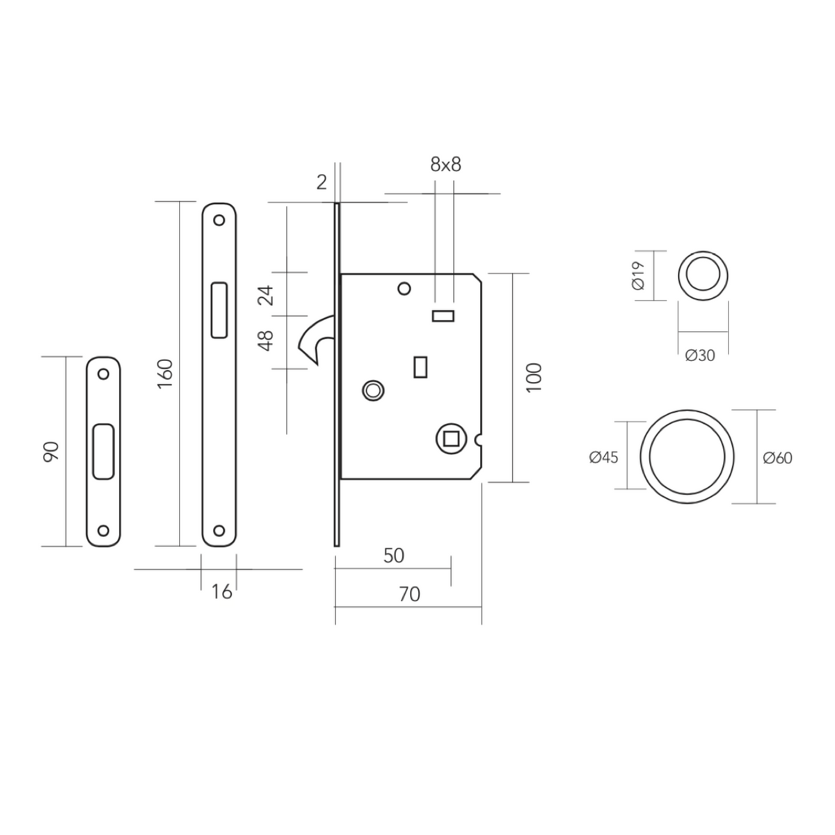 Kit per porta scorrevole con finitura nichel satinato e 2 chiavi a doppia mappa incluse