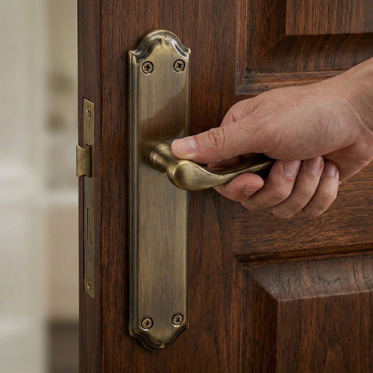 Maniglia modello '301' con placca ovale curva in alluminio finitura cuoio per porte