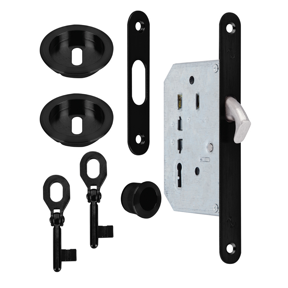 Kit per porta scorrevole con finitura nera e 2 chiavi a doppia mappa incluse