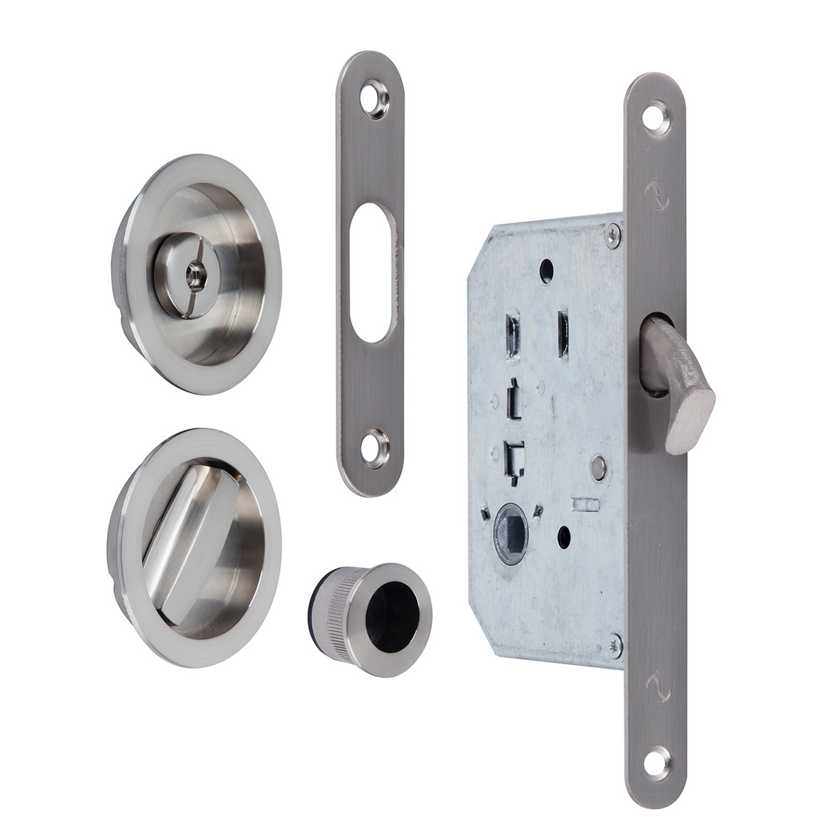 Kit per porta scorrevole con serratura, chiusura di sicurezza e maniglie a incasso rotonde in finitura nichel satinato