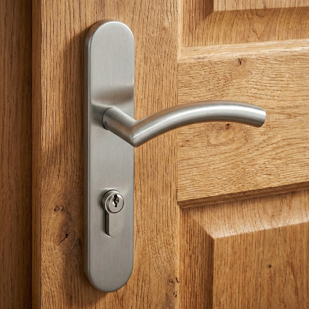 Maniglia modello '703' in acciaio inossidabile con placca ovale e viti nascoste per porte
