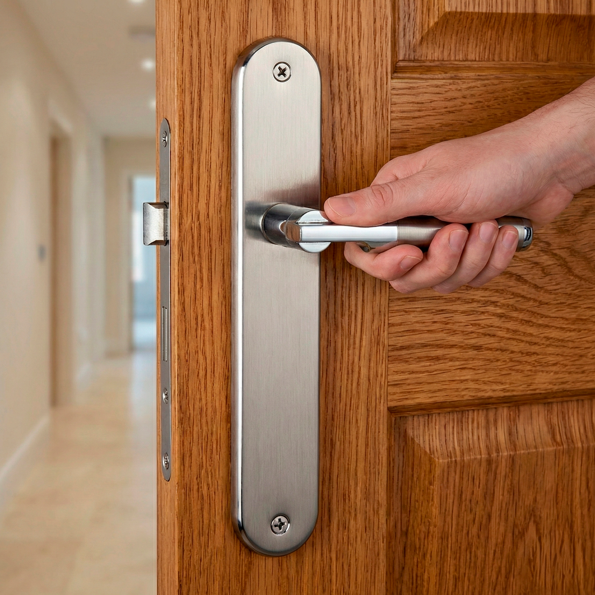 Maniglia modello '1019' d'avanguardia con placca ovale in finitura bicolore per porte