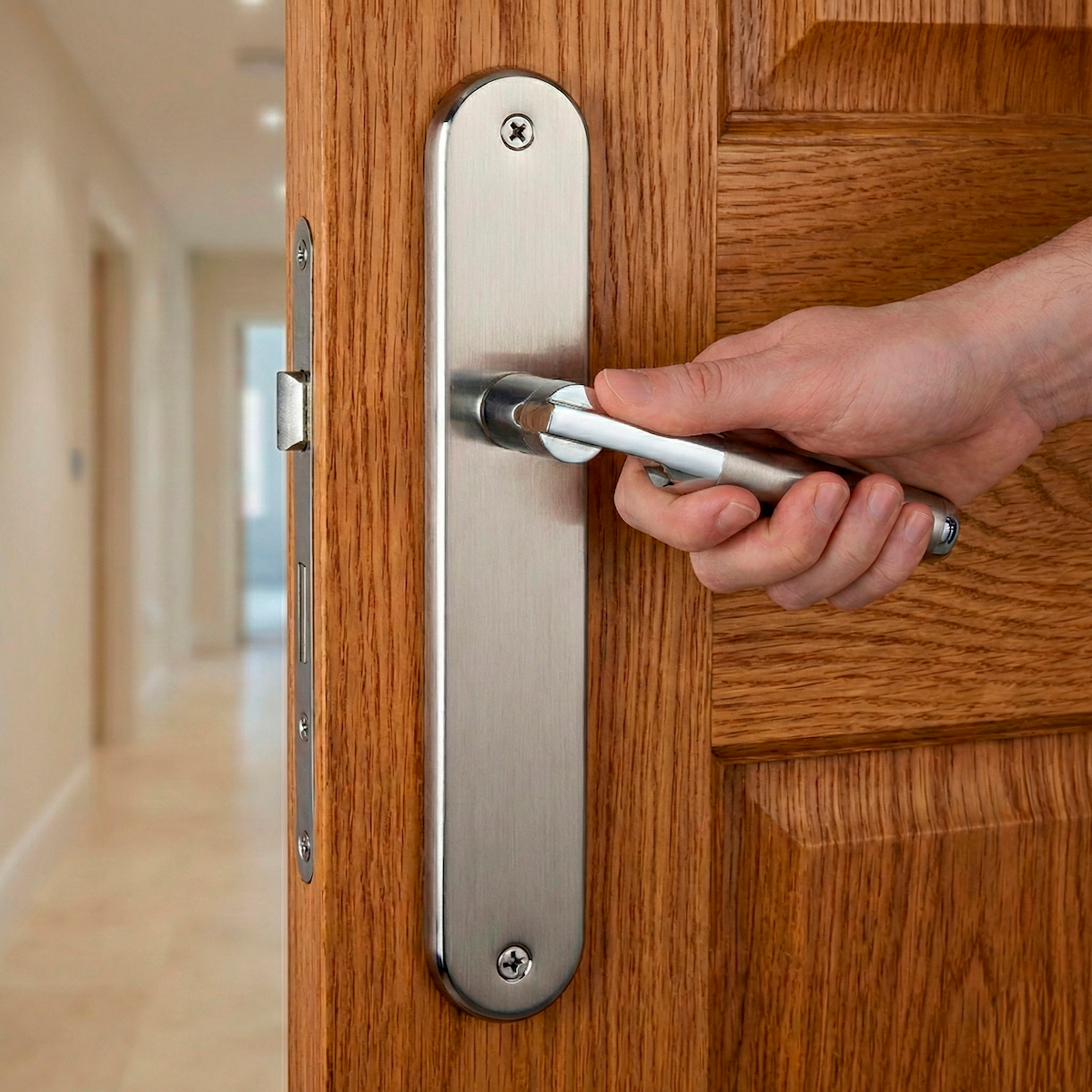 Maniglia modello '1019' d'avanguardia con placca ovale in finitura bicolore per porte