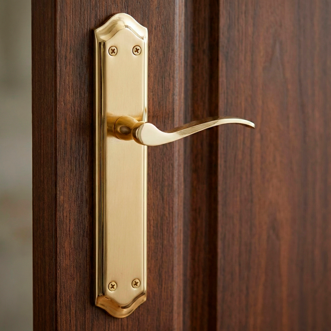 Maniglia MASTER finitura oro satinato con placca ovale curva per porte