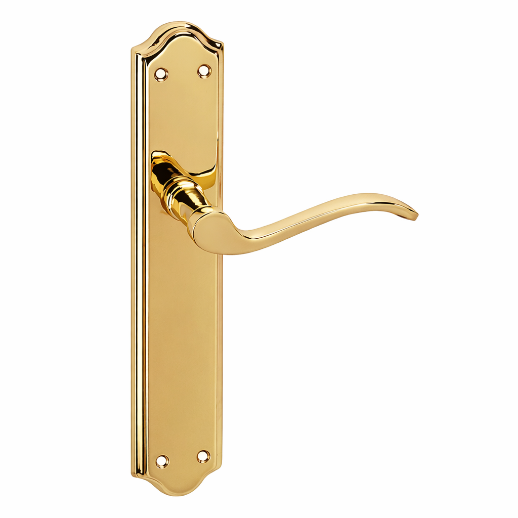 Maniglia modello '1101' con placca curva in alluminio finitura dorata per porte