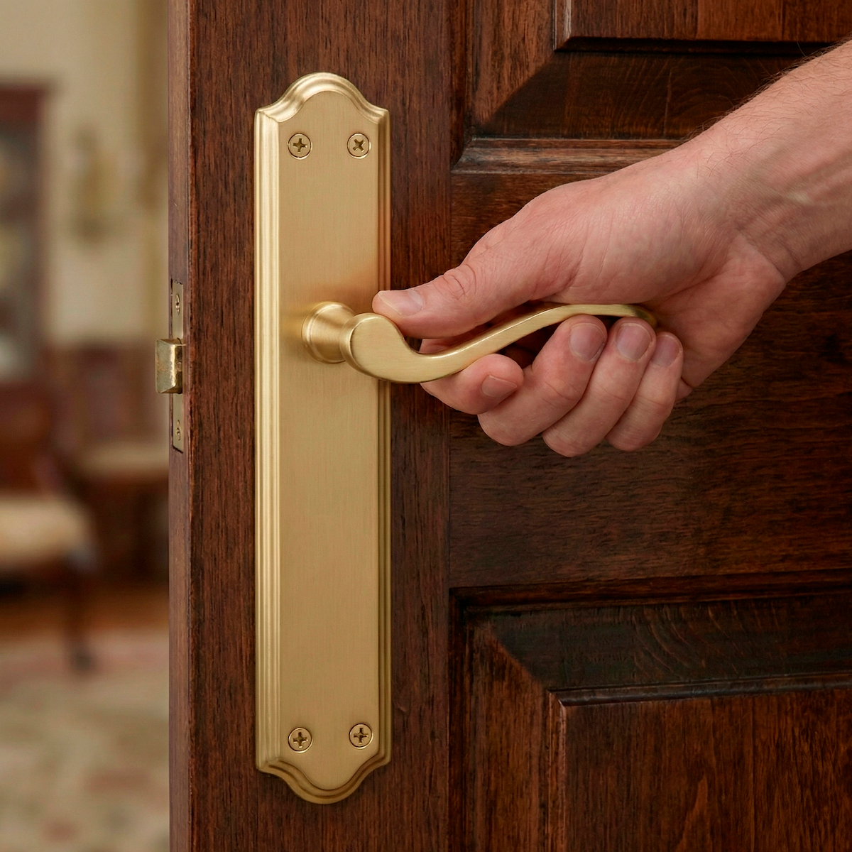 Maniglia modello '1101' con placca ovale finitura dorata satinata per porte