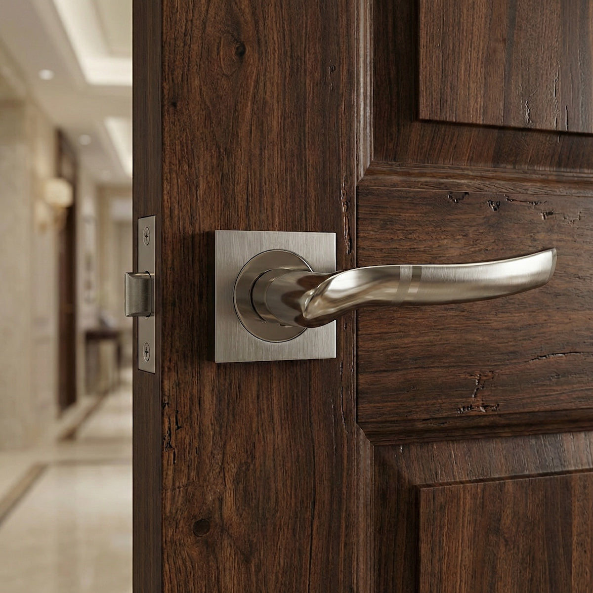 Maniglia '230' in ZAMAK con Rosetta Quadrata in finitura nichel combinato per porte