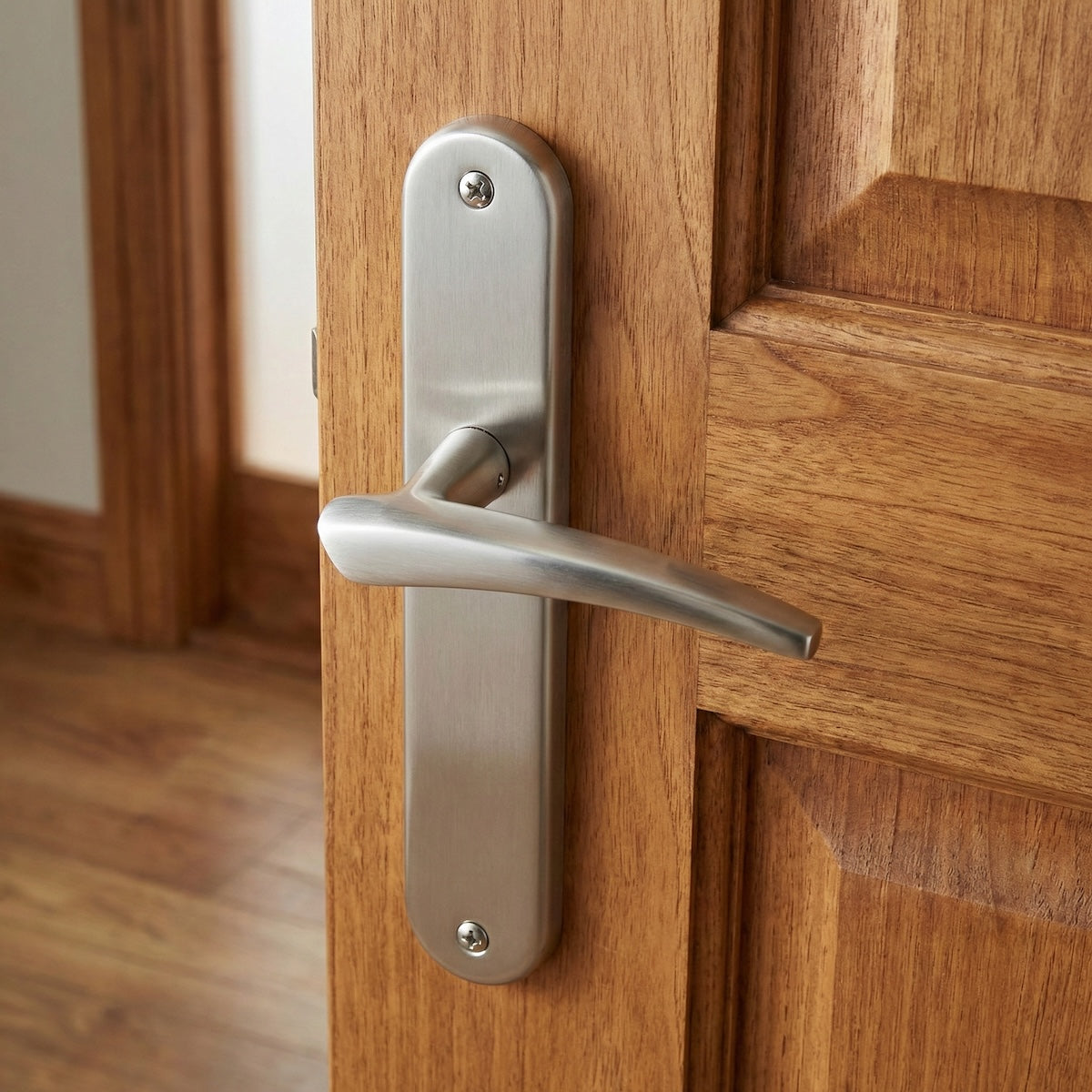 Maniglia d'avanguardia con placca ovale finitura nichel satinato per porte modello '330'