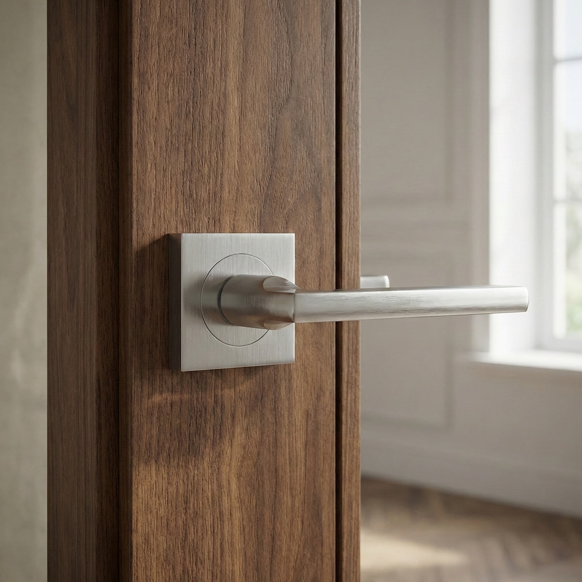 Maniglia modello Rental '530A' con rosetta quadrata in alluminio per porte, finitura nichel satinato