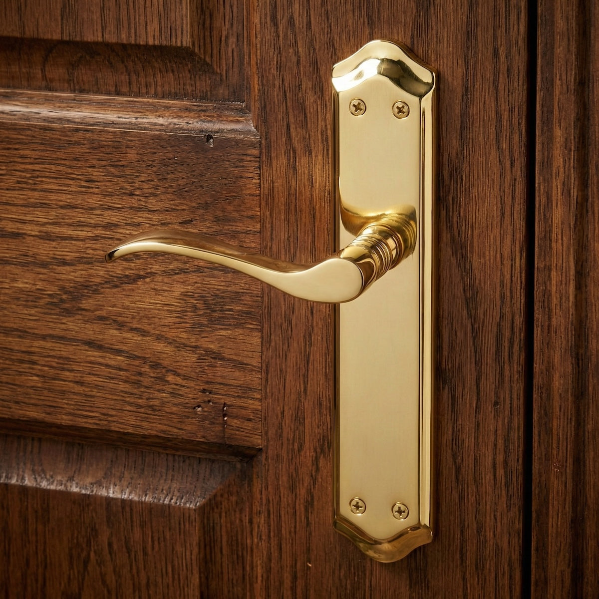 Maniglia modello '881' con placca ovale in alluminio in finitura oro satinato per porte