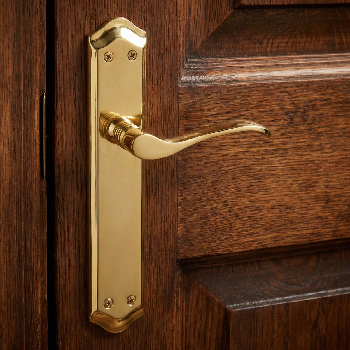 Maniglia modello '881' con placca ovale in alluminio in finitura oro satinato per porte