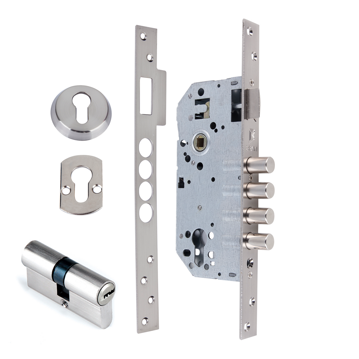 Serratura di sicurezza da 60 mm a bordo dritto con 4 catenacci in acciaio, finitura nichel satinato