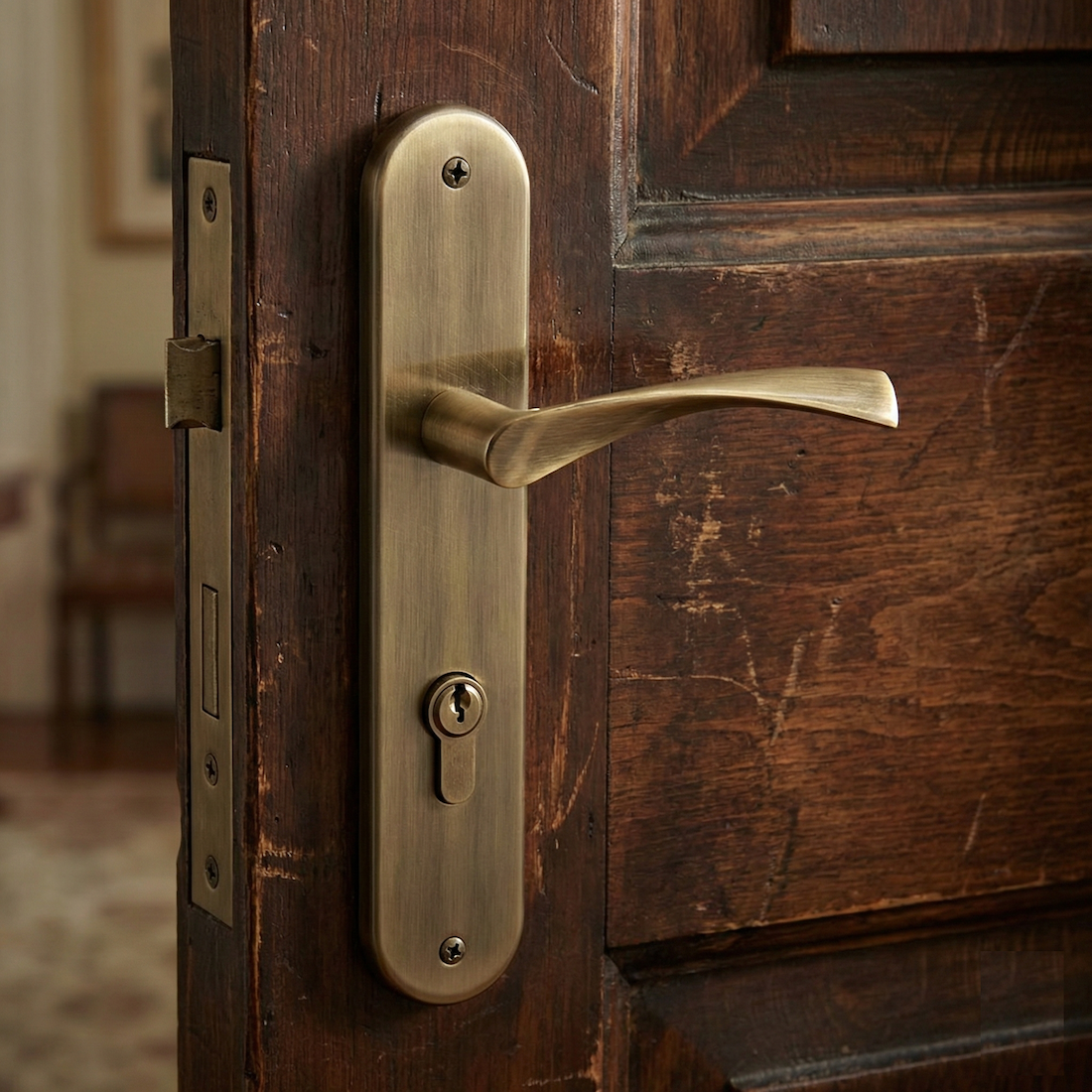 Maniglia modello '130' in zama con placca ovale finitura cuoio per porte