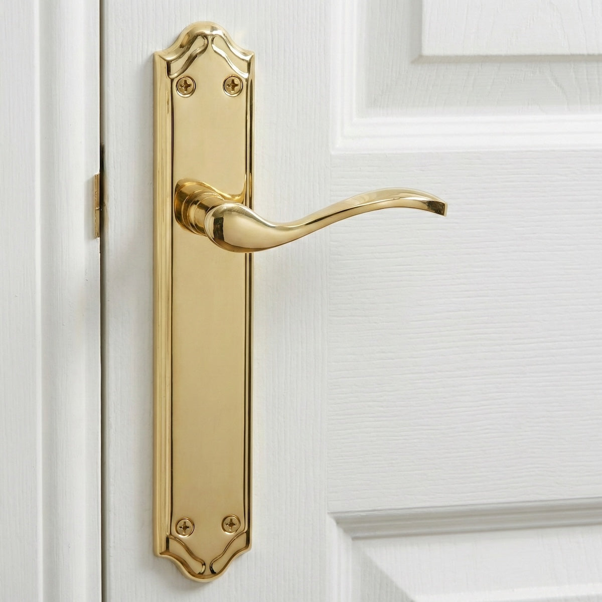 Maniglia modello LOREA PB con placca dorata lucida in alluminio per porte