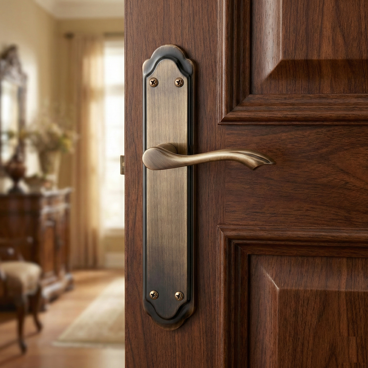 Maniglia rustica modello '4001' con placca ovale curva e finitura cuoio per porte