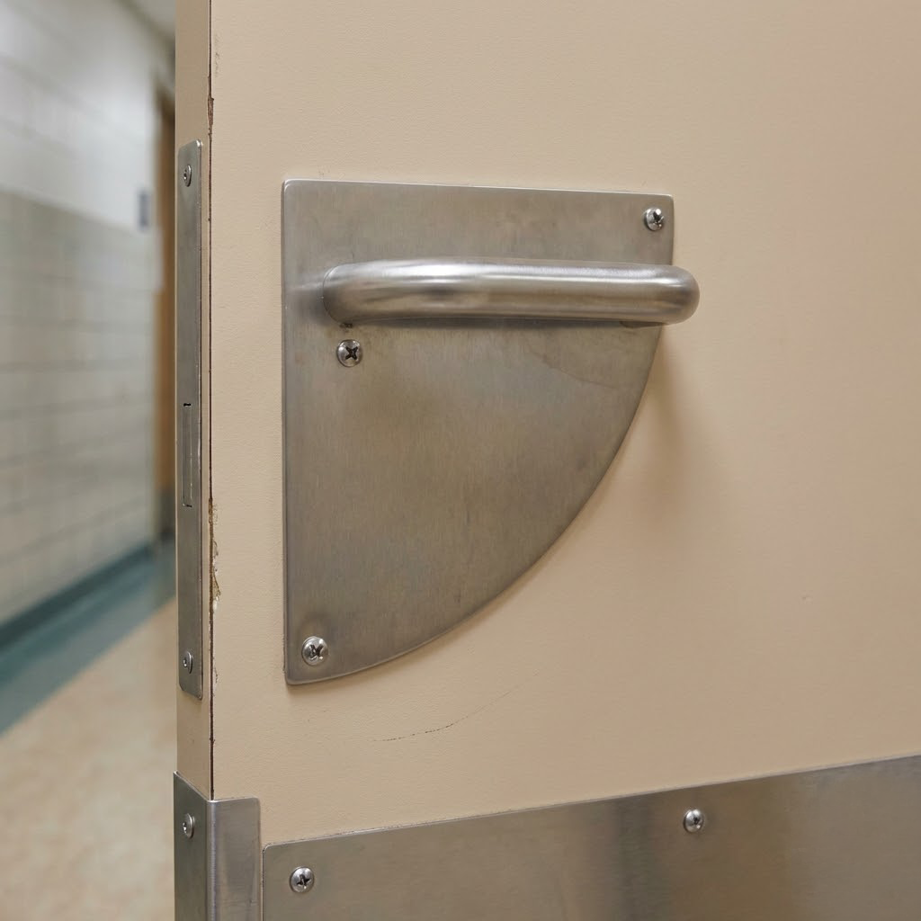 Maniglia modello '4002' in acciaio inossidabile con placca semicircolare per porte