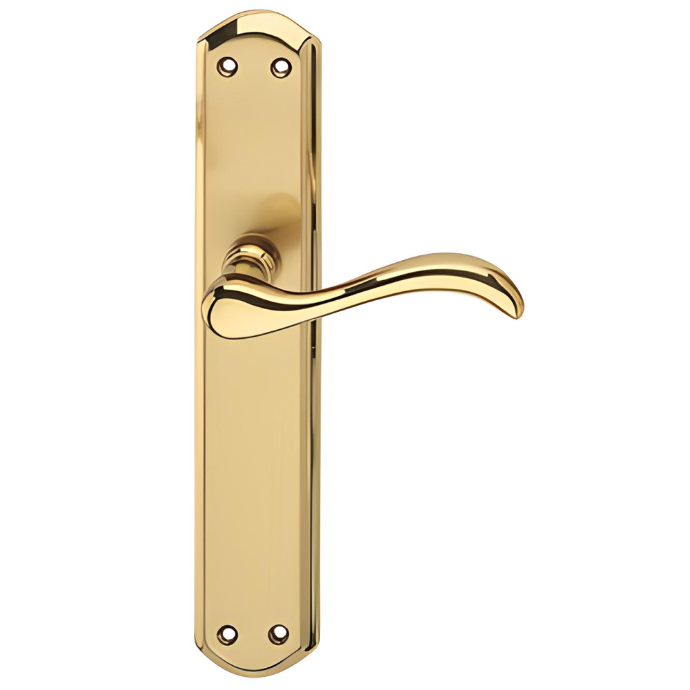 Maniglia modello '5001' con placca ovale in finitura oro satinato lucido per porte