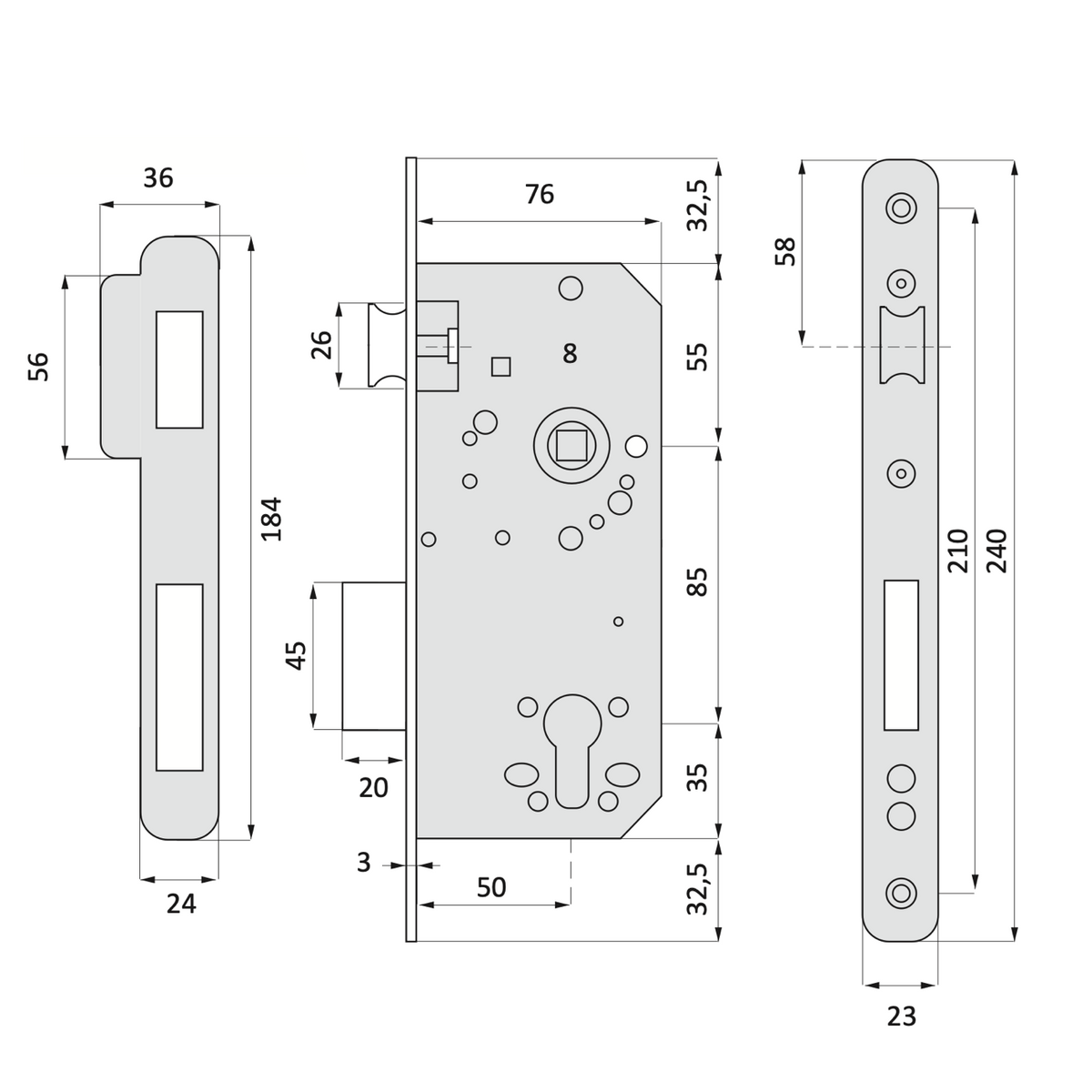 Serratura da infilare da 50mm per cilindro europeo, frontale a bordo dritto con interasse 85mm, finitura nichel satinato
