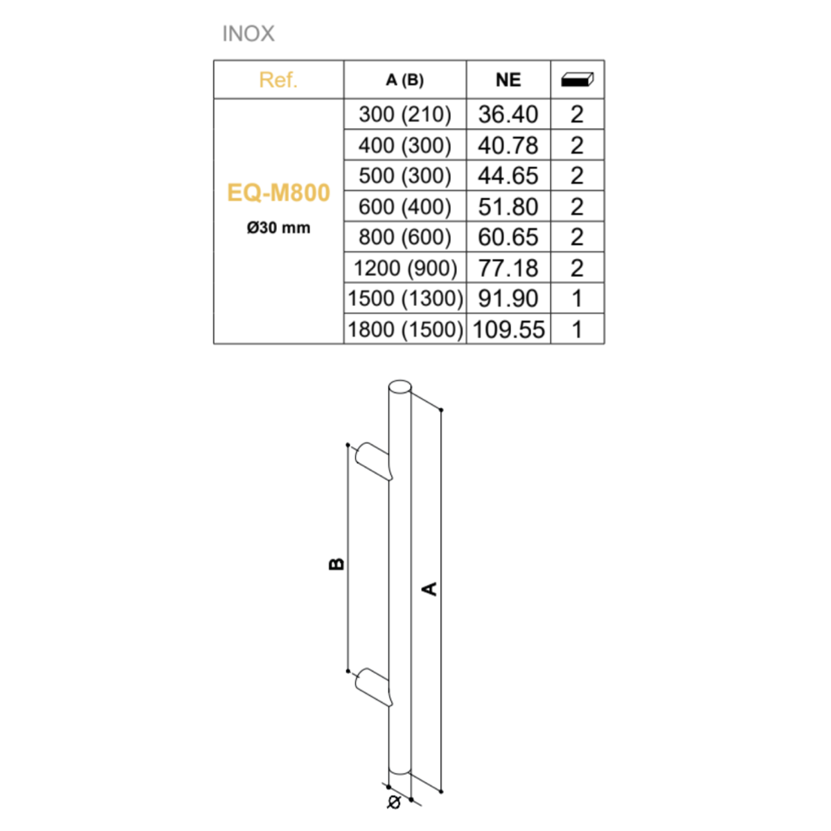 Maniglione tubolare Ø30mm, interasse 600mm, altezza 800mm, in acciaio inox nero senza rosetta per porte d'ingresso