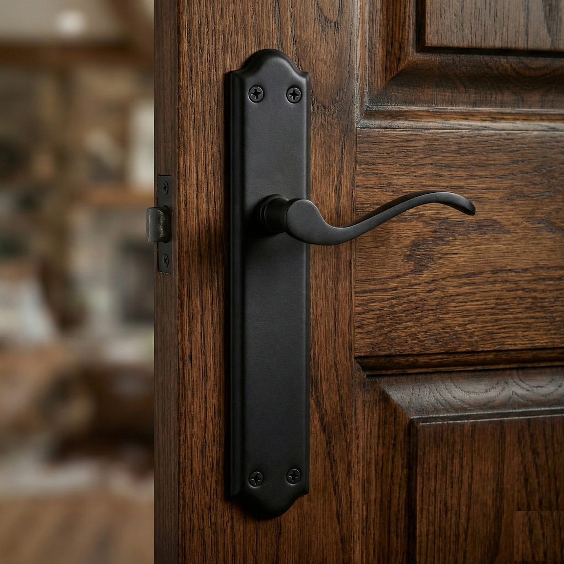 Maniglia modello '1101' in alluminio con placca in finitura ferro battuto nero per porte