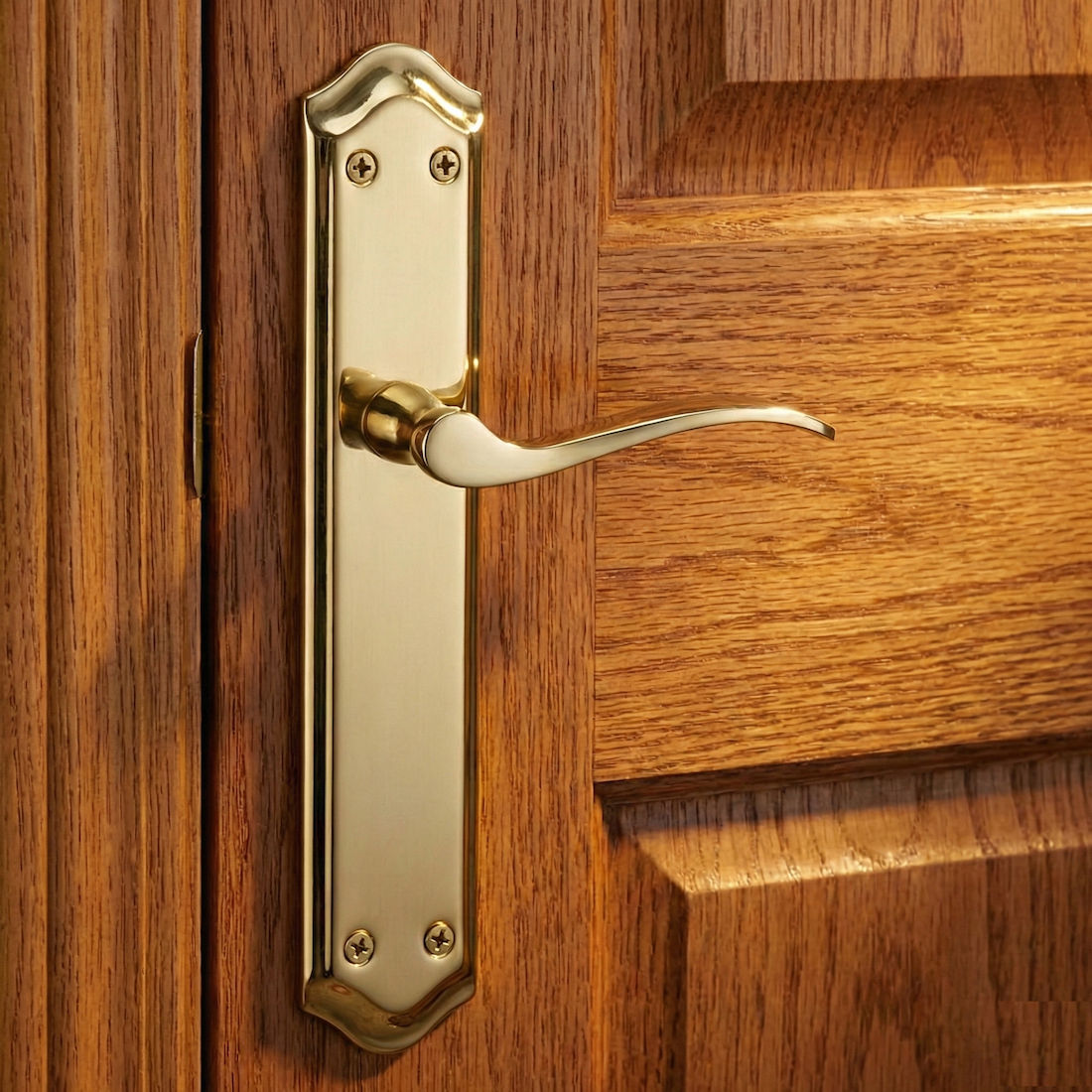 Maniglia MASTER finitura oro satinato con placca ovale curva per porte