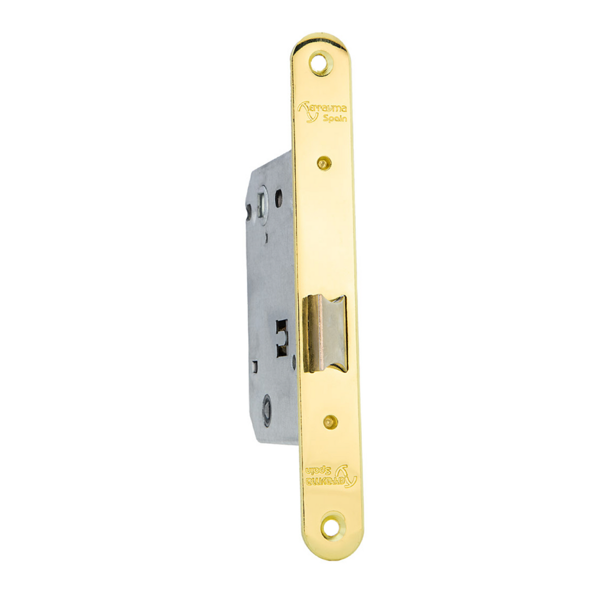 Serratura a incasso scentrata, interasse 70 mm, finitura oro lucido, bordo tondo