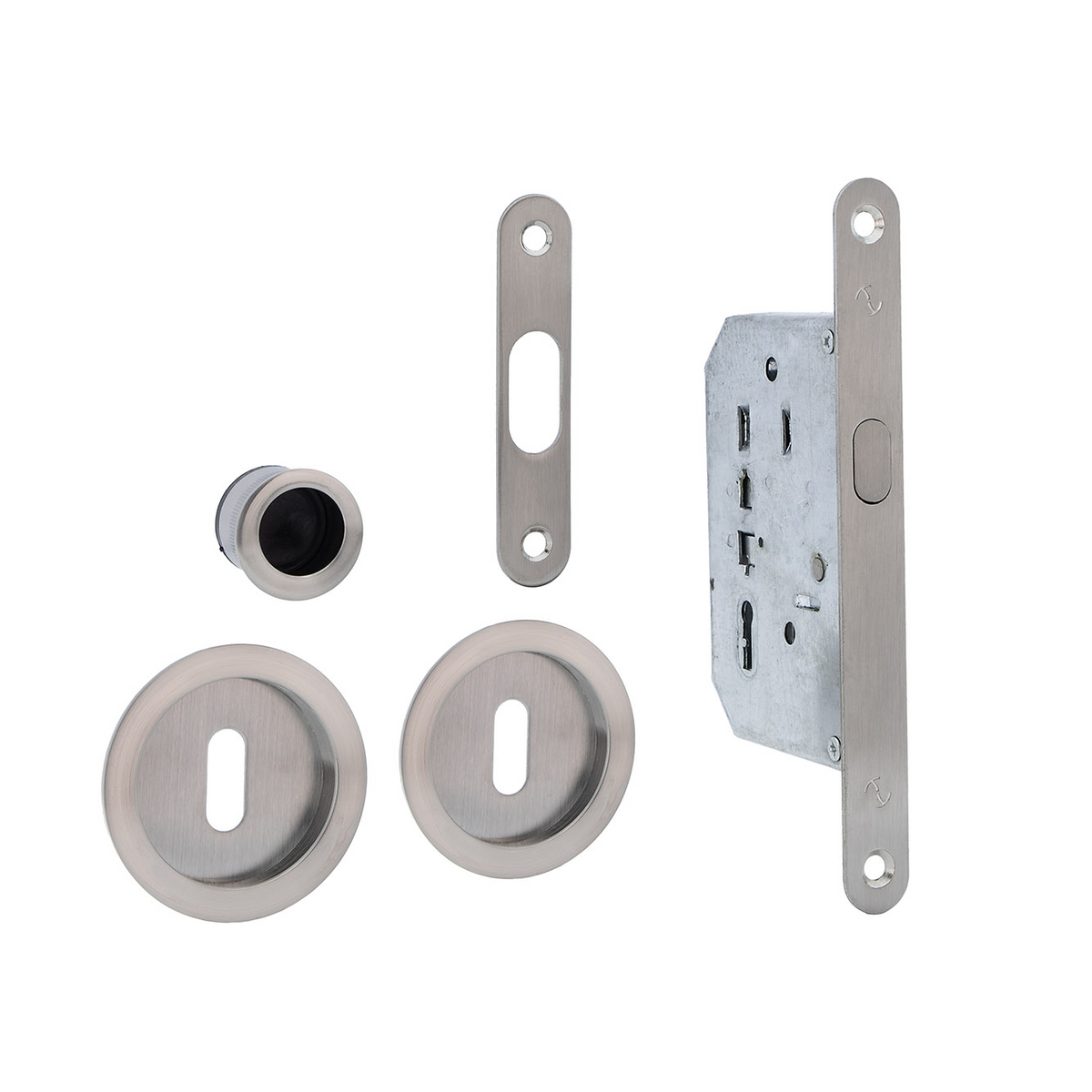 Kit per porta scorrevole con finitura nichel satinato e 2 chiavi a doppia mappa incluse
