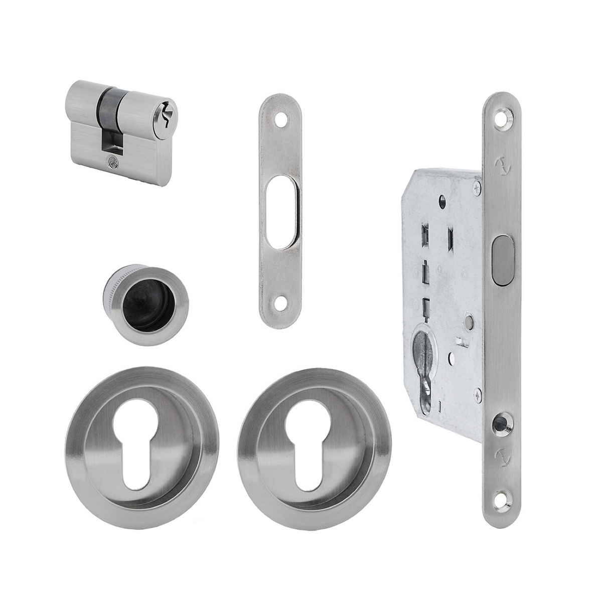 Kit per porta scorrevole con cilindro in finitura nichel satinato