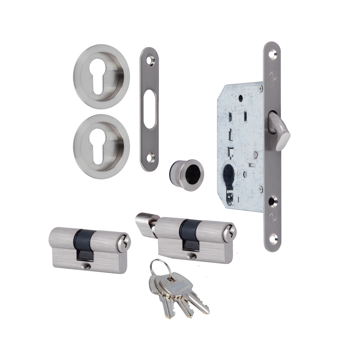 Kit per porta scorrevole con cilindro in finitura nichel satinato