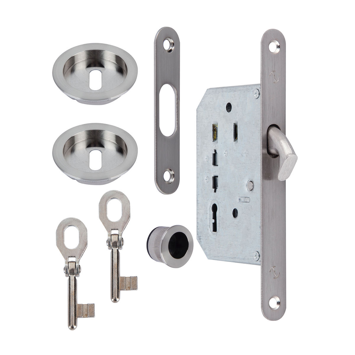 Kit per porta scorrevole con finitura nichel satinato e 2 chiavi a doppia mappa incluse