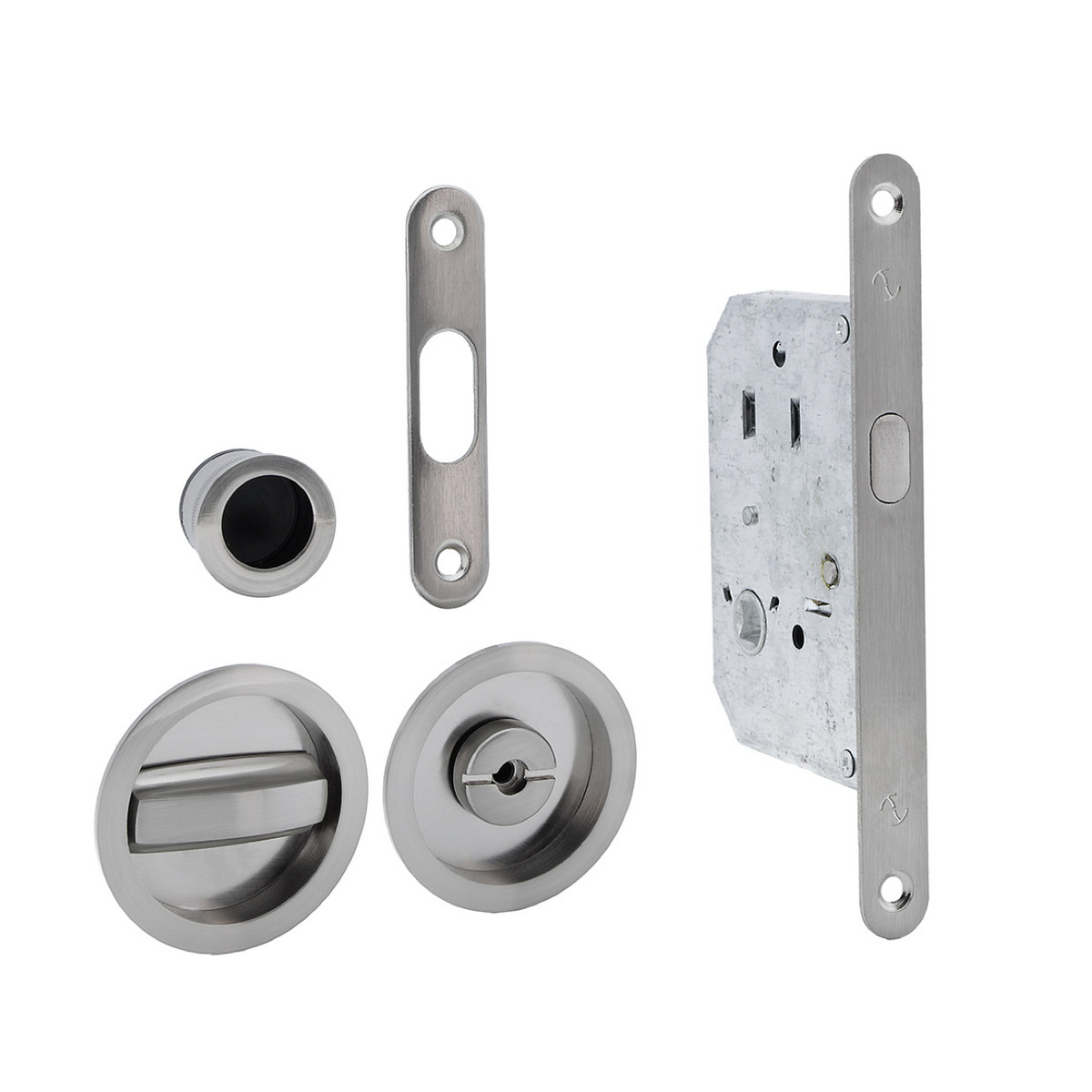 Kit per porta scorrevole con serratura, chiusura di sicurezza e maniglie a incasso rotonde in finitura nichel satinato