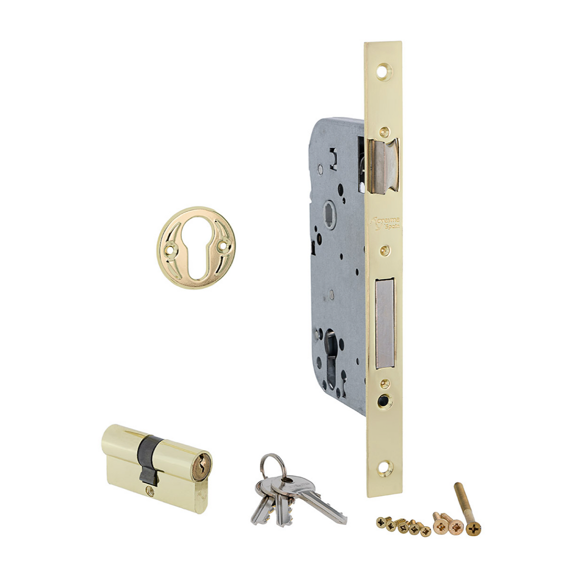 Serratura da incasso con interasse 70 mm, entrata 40 mm, bordo dritto, finitura oro lucido