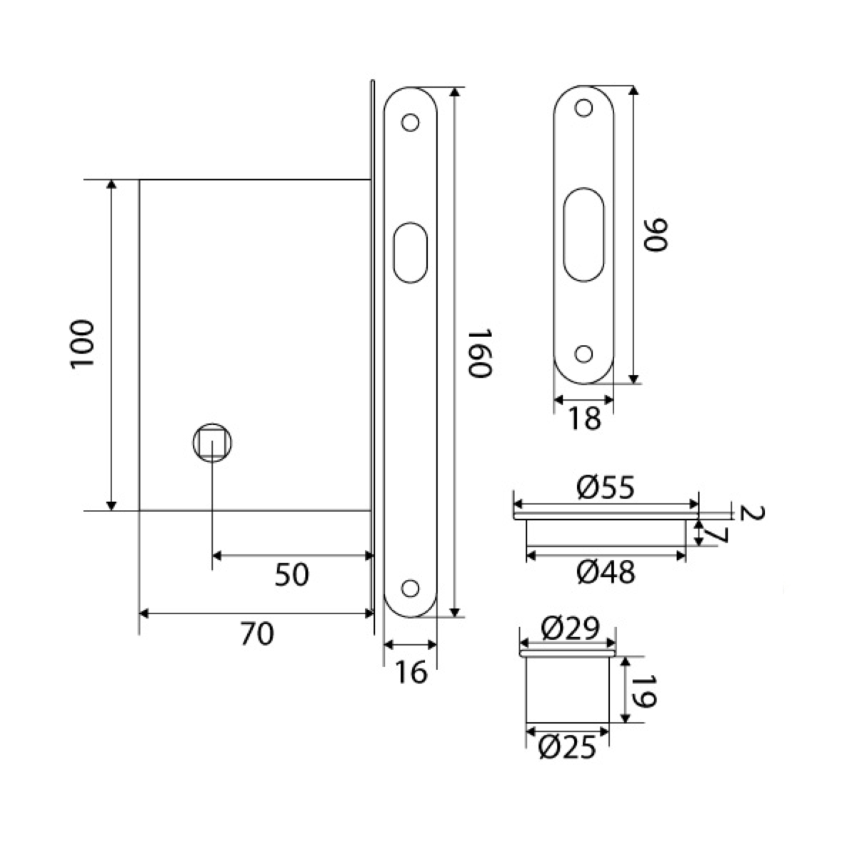 Kit per porta scorrevole con serratura a nottolino, chiusura di sicurezza e maniglie a incasso tonde in finitura oro satinato