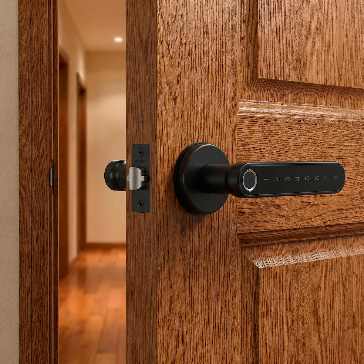 Maniglia elettronica con rosetta tonda finitura nera con impronta digitale, PIN e Bluetooth