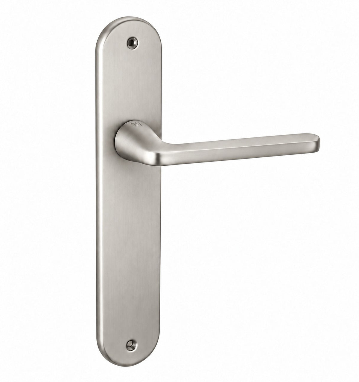 Manilla con placa ovalada de aluminio en níquel satinado con maneta recta estilizada.